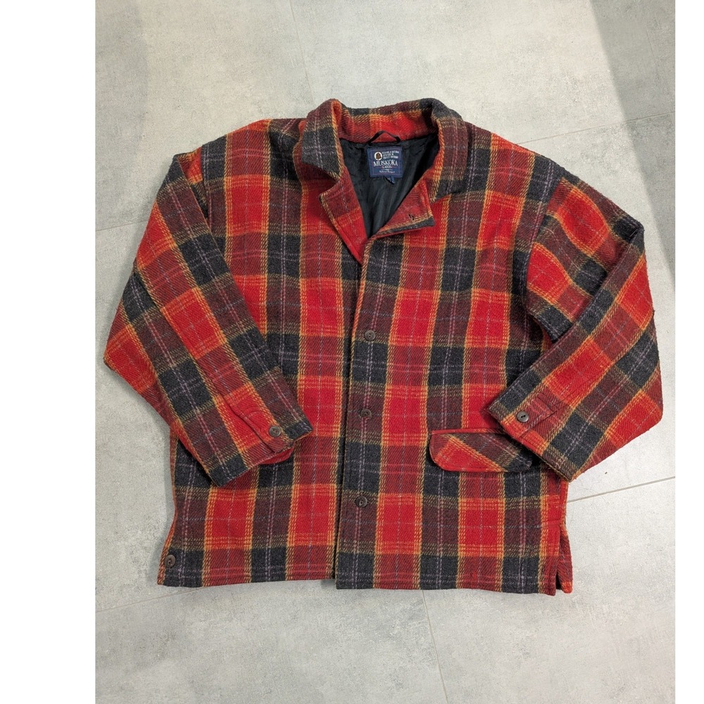 Muskoka Lakes Mens Vintage Wool Blend Plaid Lumberjack Coat Red Black Size M